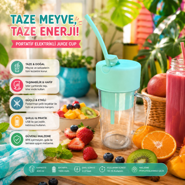 Spinx Portatif Elektrikli Smoothie Blender Detoks ve Taze Meyve Sıkacağı Bardağı USB Şarjlı - Yeşil