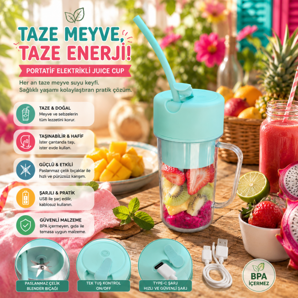 Spinx Portatif Elektrikli Smoothie Blender Detoks ve Taze Meyve Sıkacağı Bardağı USB Şarjlı - Yeşil