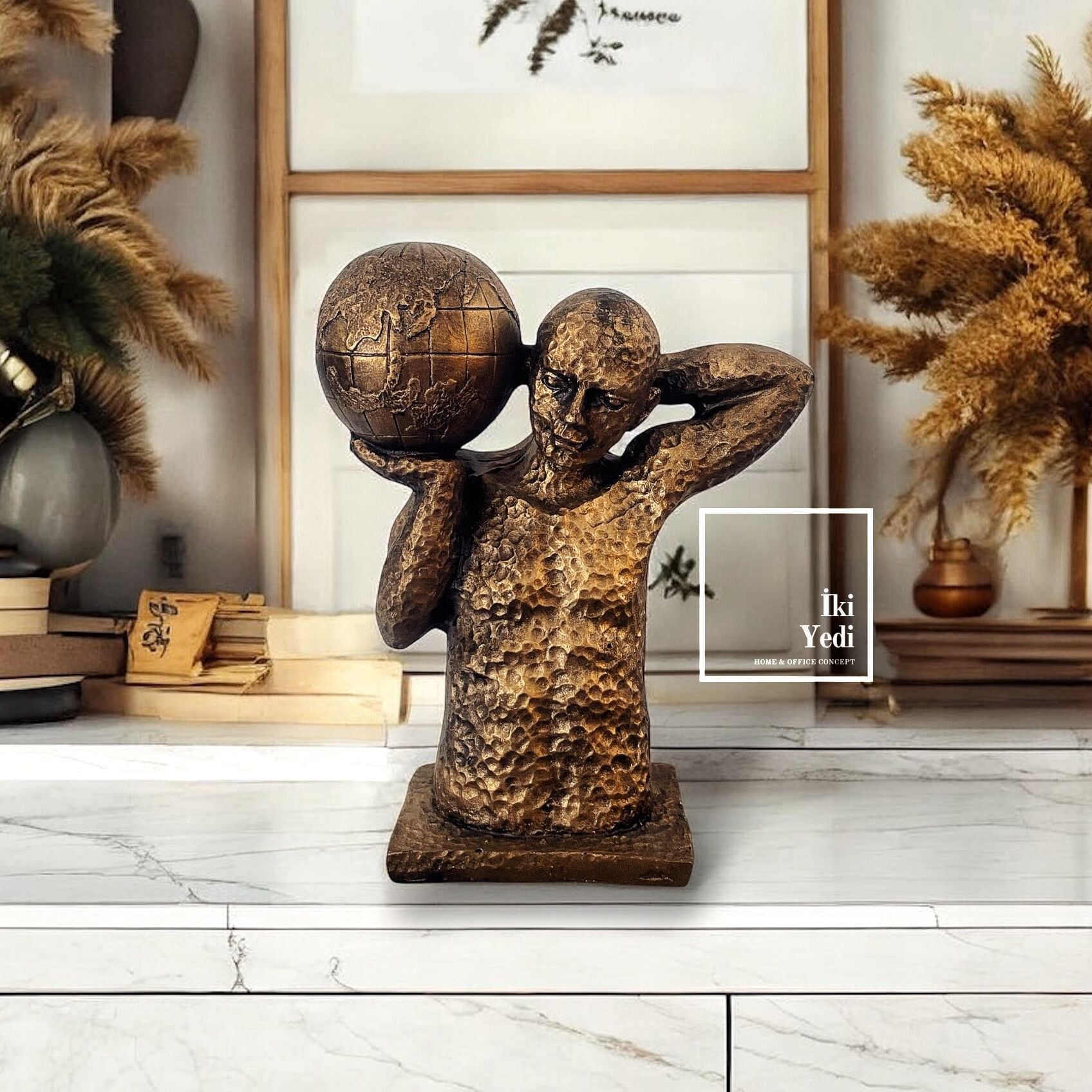 Titan Atlas Heykeli, Dünya Taşıyan Adam Figürü, Bronz Renk Dekoratif Biblo, Ofis Ev Hediyelik Obje