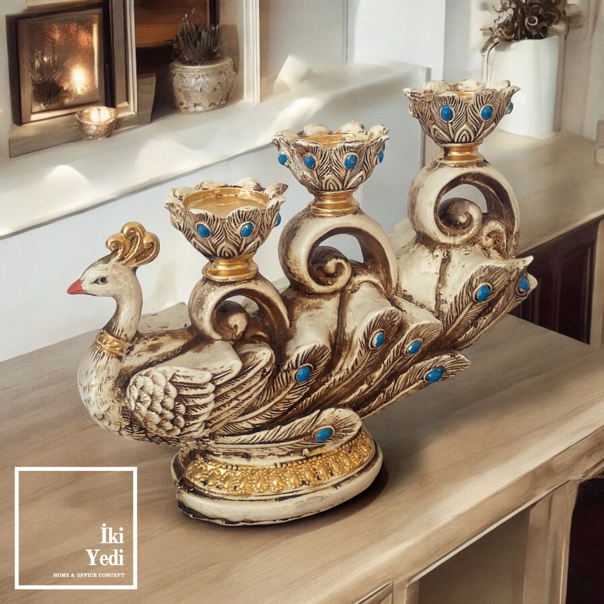 Tavuskuşu Figürlü Renkli Dekoratif Şamdan, Mumluk Obje, Ev Dekorasyonu Hediyelik Eşyalar