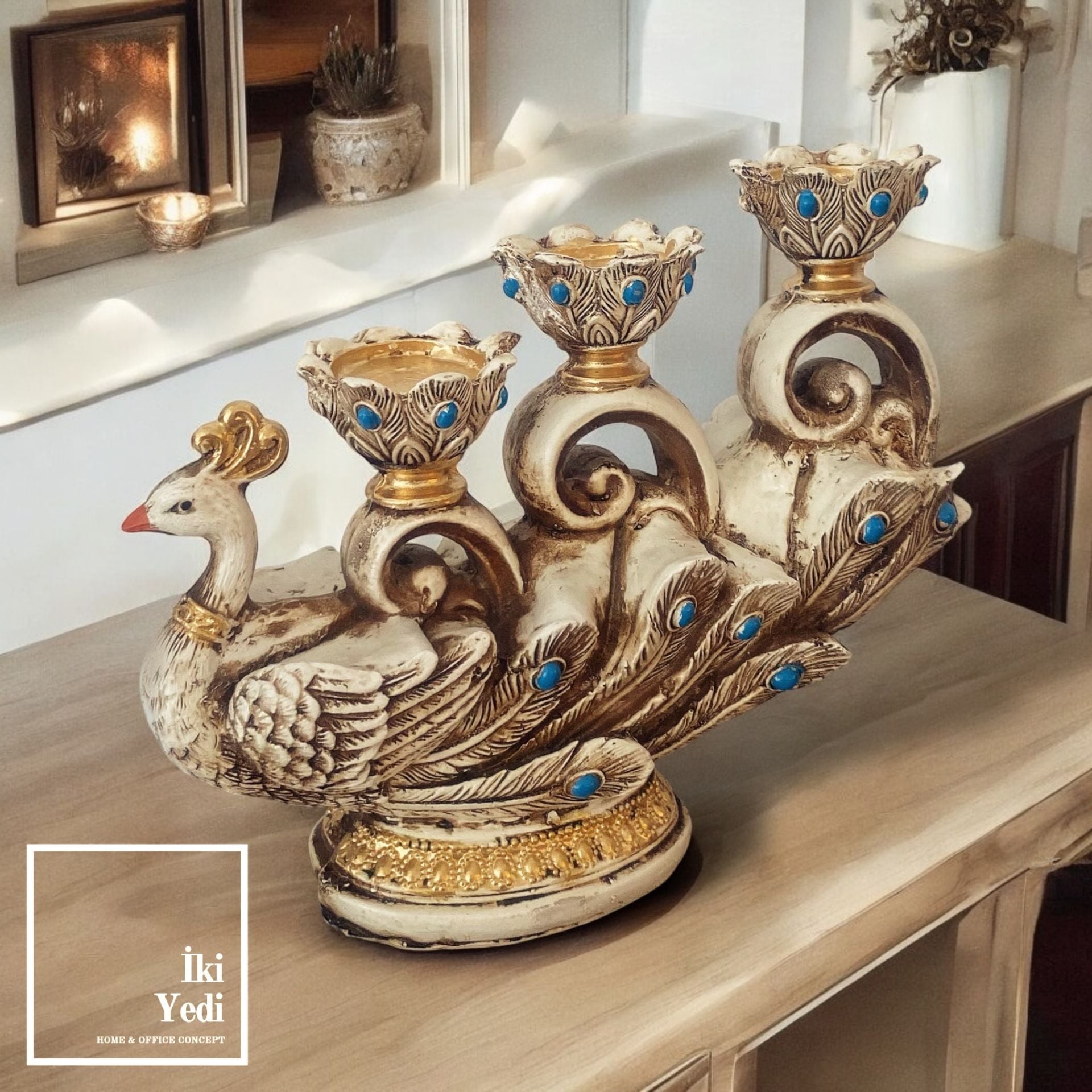 Tavuskuşu Figürlü Renkli Dekoratif Şamdan, Mumluk Obje, Ev Dekorasyonu Hediyelik Eşyalar