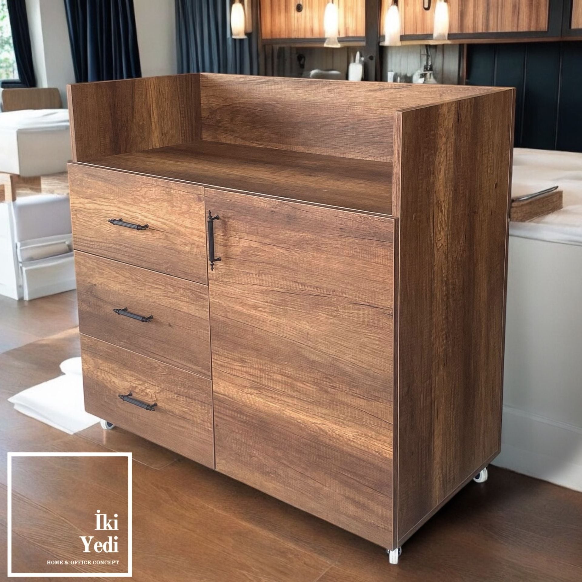 Compagnon Frenli Tekerlekli Servant Çekmeceli Adisyon Fiş Toplama Dolabı Cafe Restoran Mobilyaları Ceviz Renk
