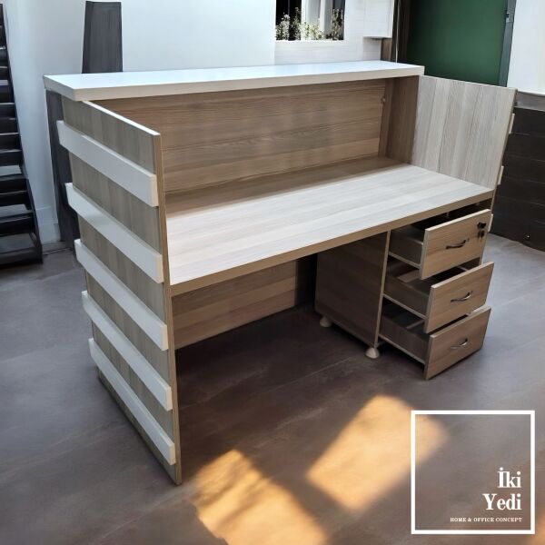 Elinor Beyaz Detaylı 160 cm Karşılama Bankosu Resepsiyon Masası Danışma Desk Cafe Hotel Ofis Mobilyaları