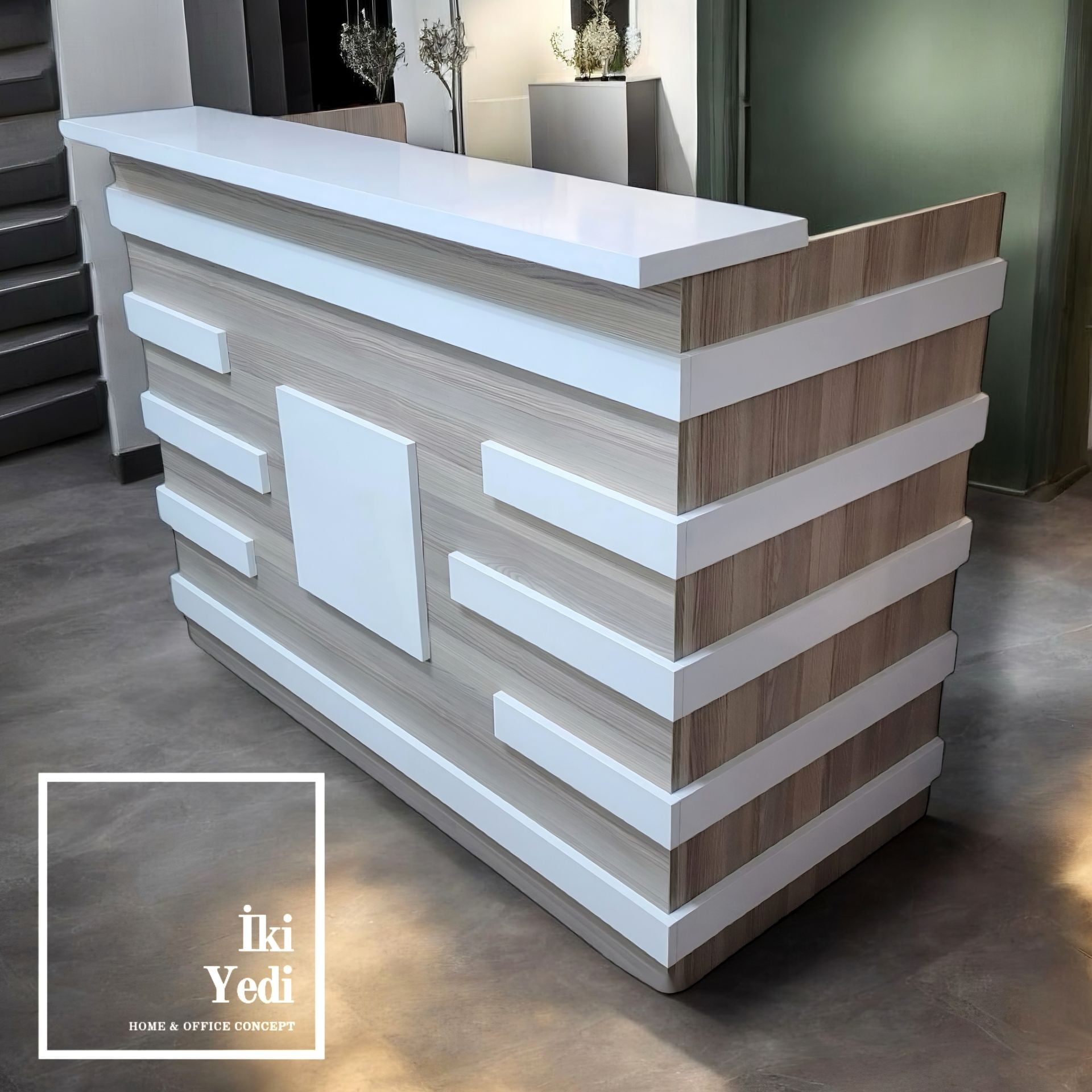 Elinor Beyaz Detaylı 160 cm Karşılama Bankosu Resepsiyon Masası Danışma Desk Cafe Hotel Ofis Mobilyaları