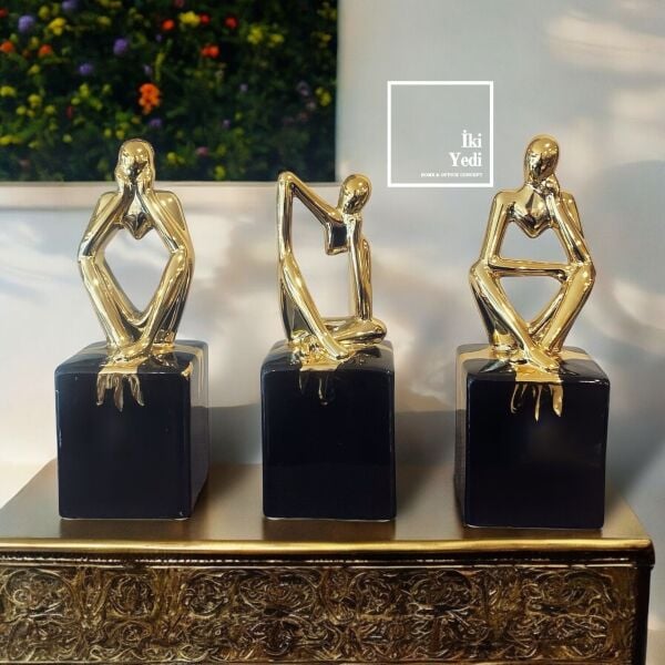 Blutti 77-2 Siyah Gold Seramik Dekor Seti 3'lü Düşünen Adamlar Obje Takımı Ev Ofis Hediyesi