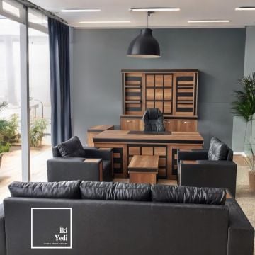 Chambre Üniteli Modern Makam Odası Mobilya Takımı Yönetici Ofis Mobilyası, Şık ve Konforlu Ahşap Masa, Dolap ve Koltuk Seti