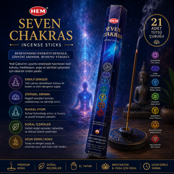 HEM Seven Chakras Tütsü Çubuk Tütsü 21 Adet Meditasyon Yoga Enerji Dengeleme Tütsüsü Aromatik Koku