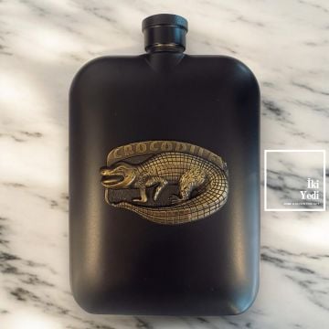 Figal Siyah Timsah Figürlü 6 Oz Matara – Paslanmaz Çelik Metal İçki Kabı, Erkeklere Hediyelik