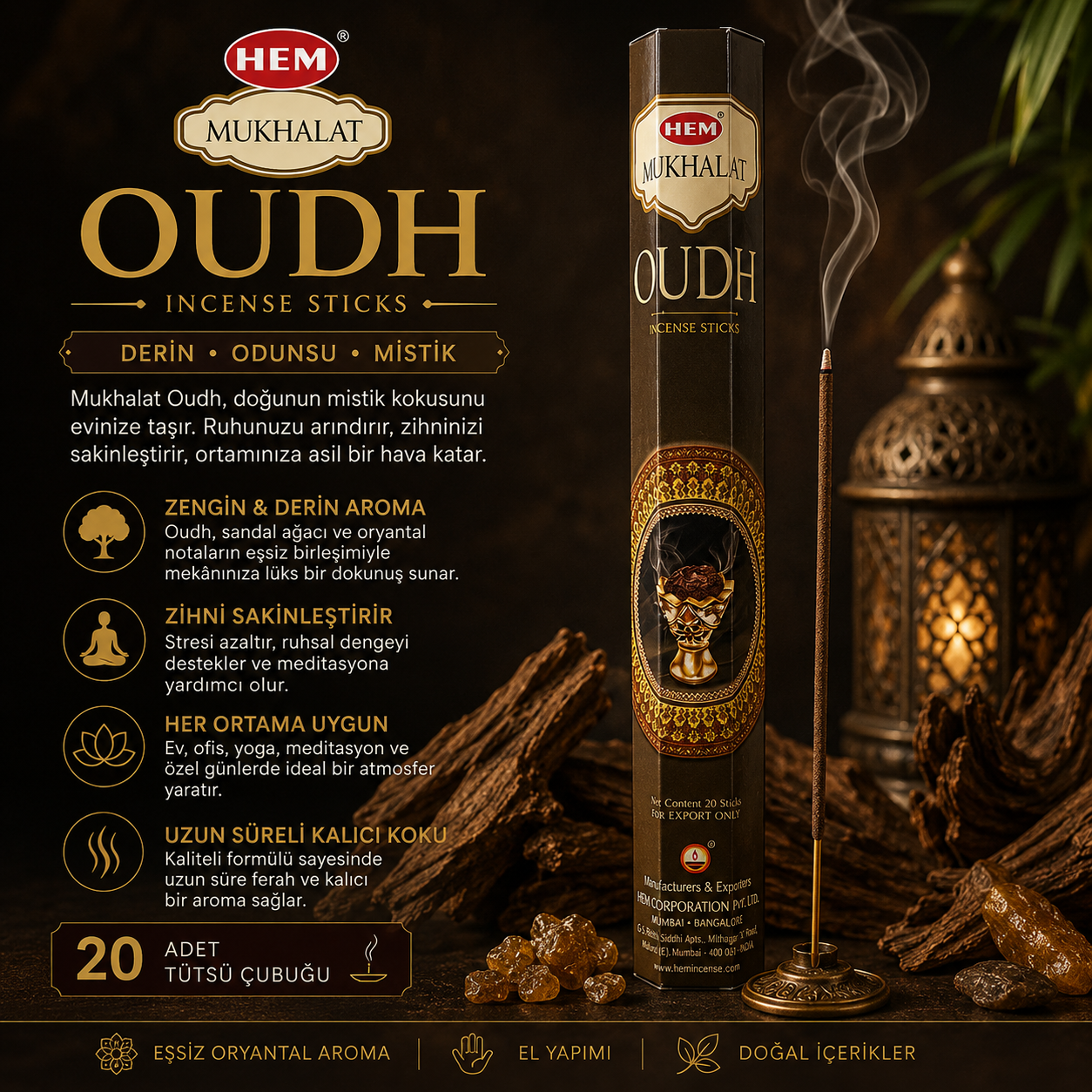 HEM Mukhalat Oudh Tütsü Çubuk Tütsü 20 Adet Oryantal Oud Aromalı Tütsü Aromatik Koku Meditasyon