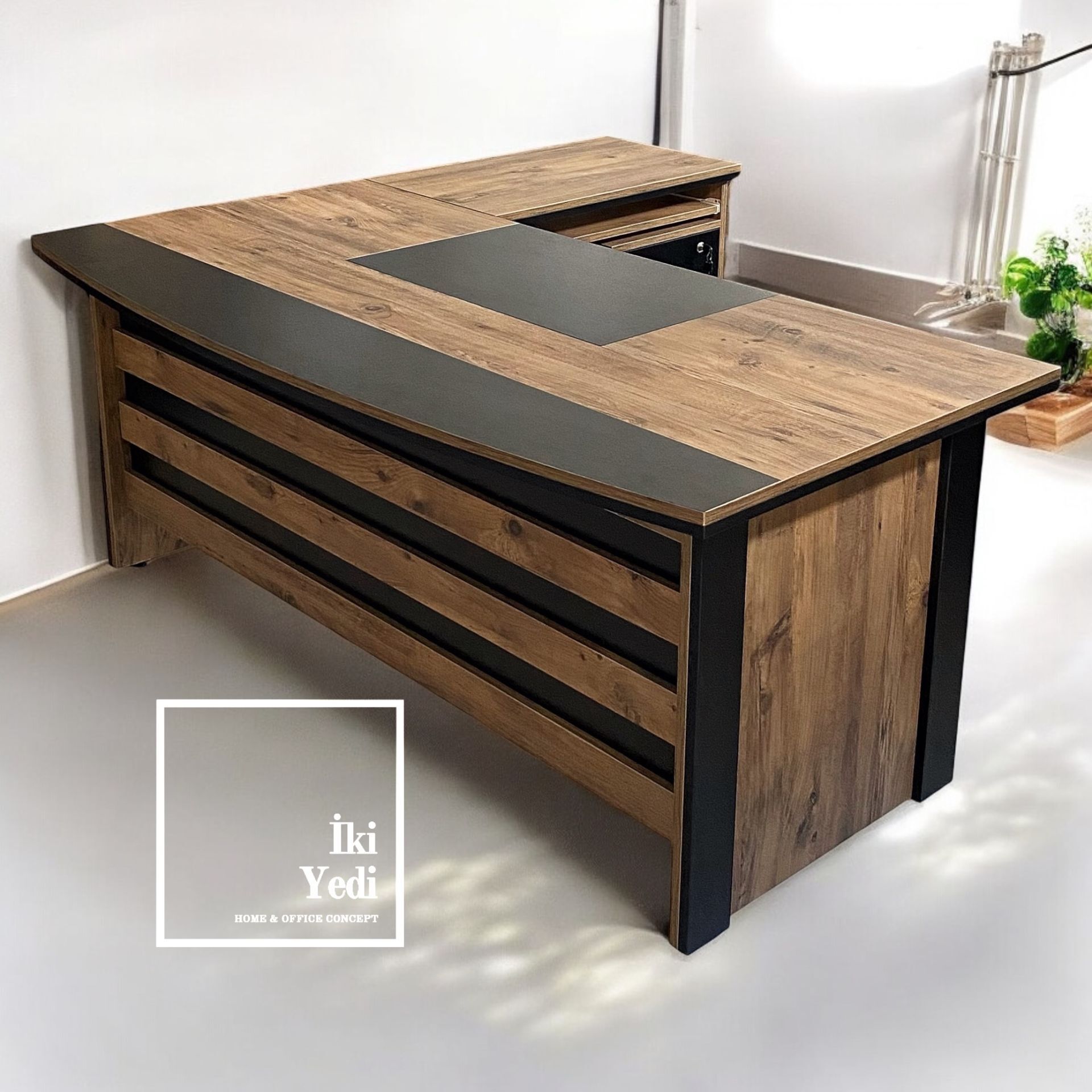 Rodos 180 cm L Model Sümenli Ofis Makam Yönetici Masası Büro Mobilyaları Çalışma Masası