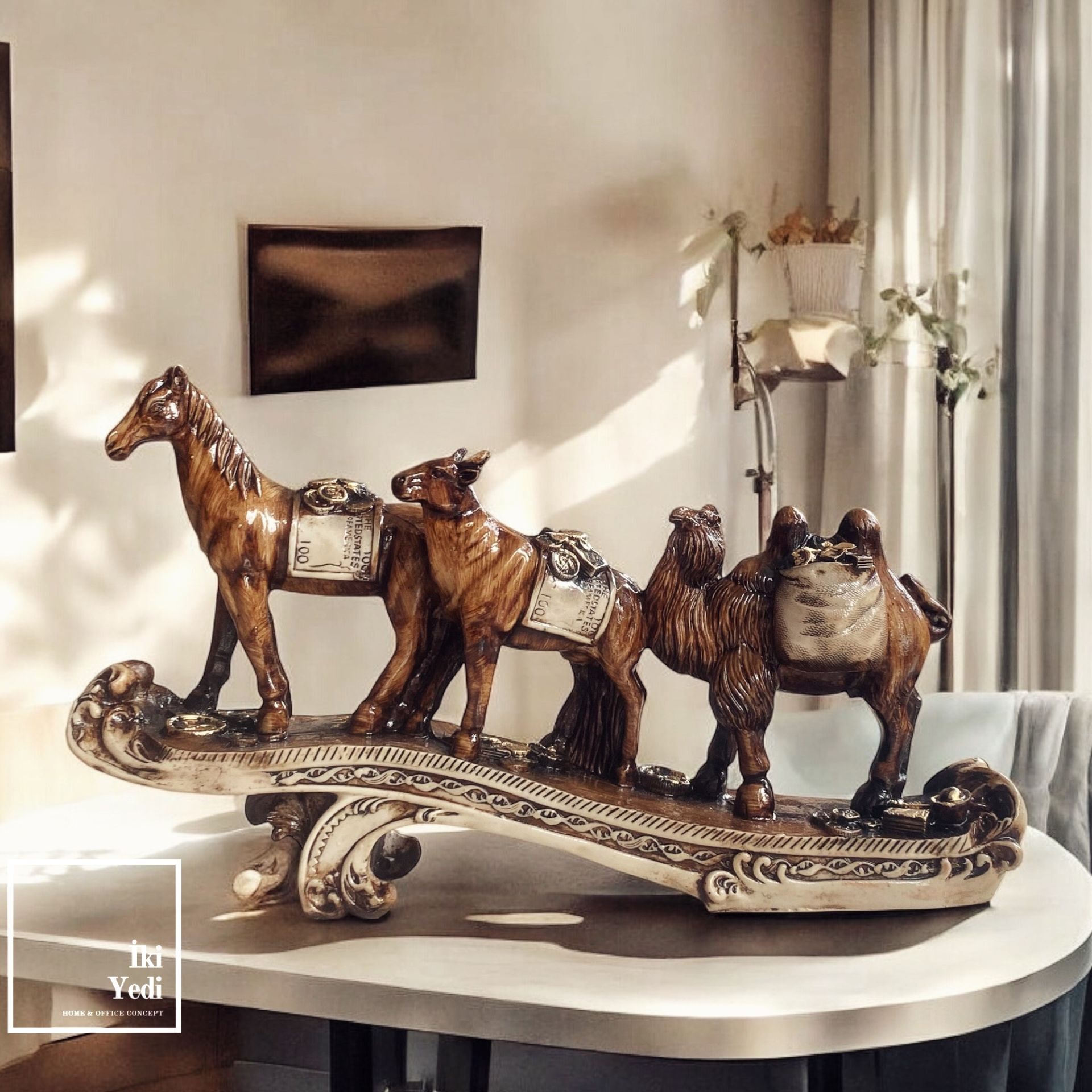 Kervan Temalı Antik Görünümlü Biblo At İnek ve Deve Figürlü Dekoratif Masa Üstü Aksesuar Hediyelik