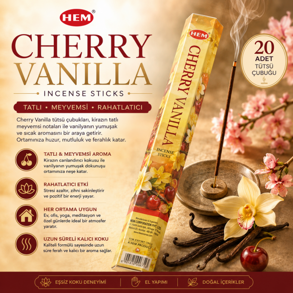HEM Cherry Vanilla Tütsü Çubuğu 20 Adet Kiraz ve Vanilya Aromalı Çubuk Tütsü Aromatik Koku
