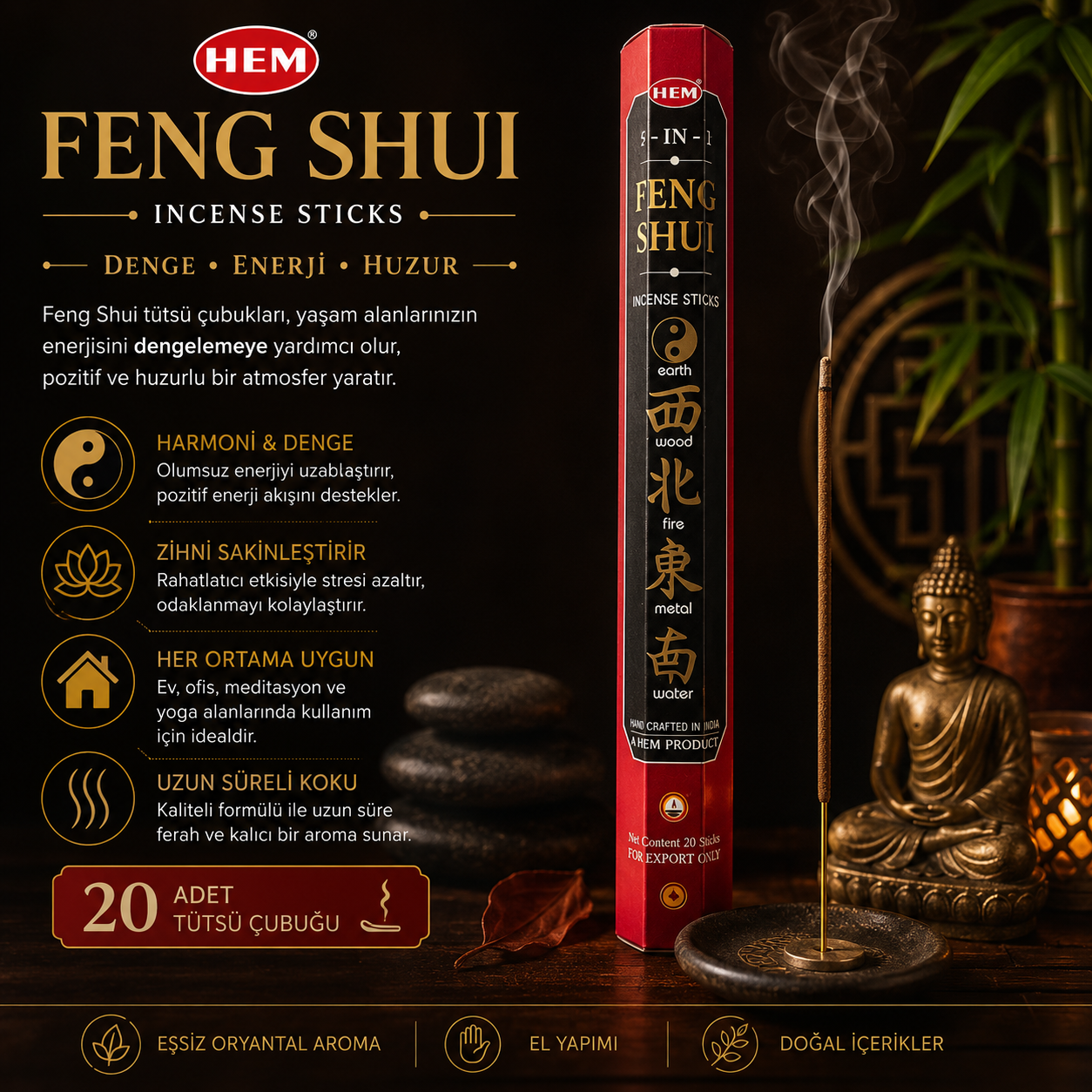 HEM Feng Shui 5 Elements Tütsü Çubuğu 20 Adet Denge ve Huzur Aromalı Çubuk Tütsü Aromatik Koku