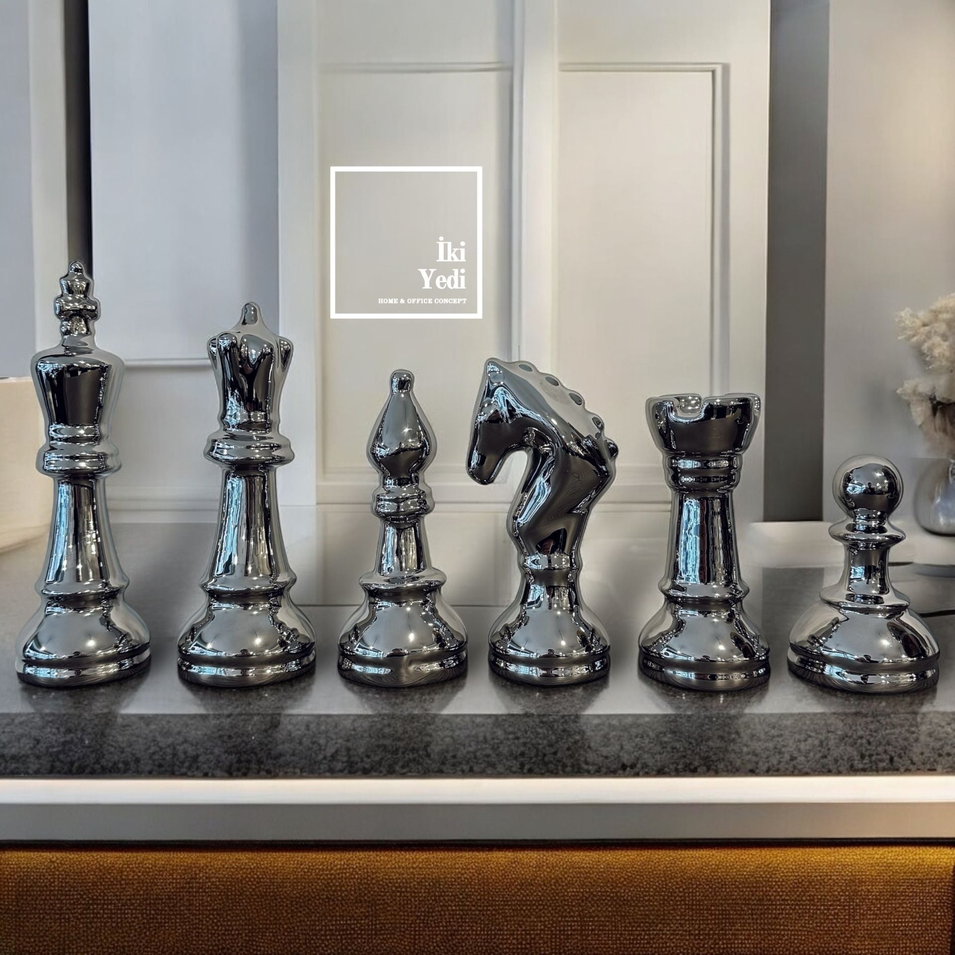 Seneca 6'lı Satranç Taşı Dekor Seti Gümüş Gri Biblo Figür Objeler Ev Hediyesi Ofis Hediyelik Dekor
