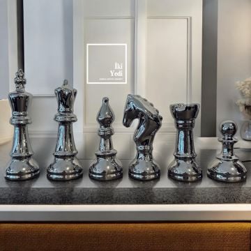 Seneca 6'lı Satranç Taşı Dekor Seti Gümüş Gri Biblo Figür Objeler Ev Hediyesi Ofis Hediyelik Dekor