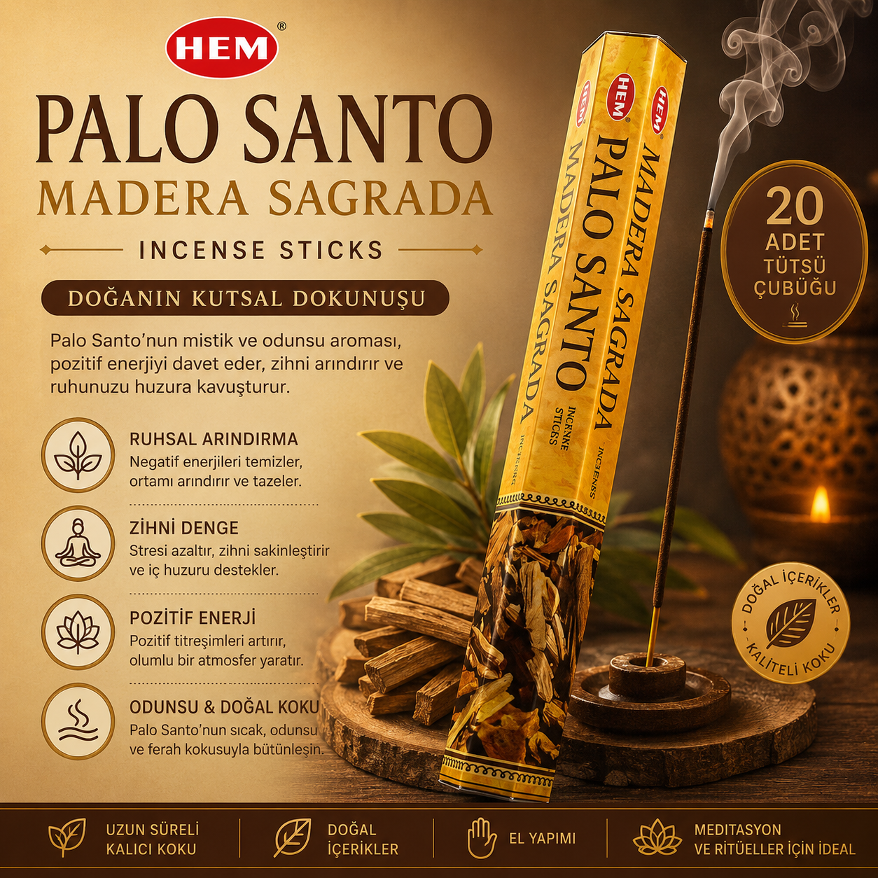 HEM Palo Santo Madera Sagrada Tütsü Çubuğu 20 Adet Odunsu Aromalı Çubuk Tütsü Aromatik Koku