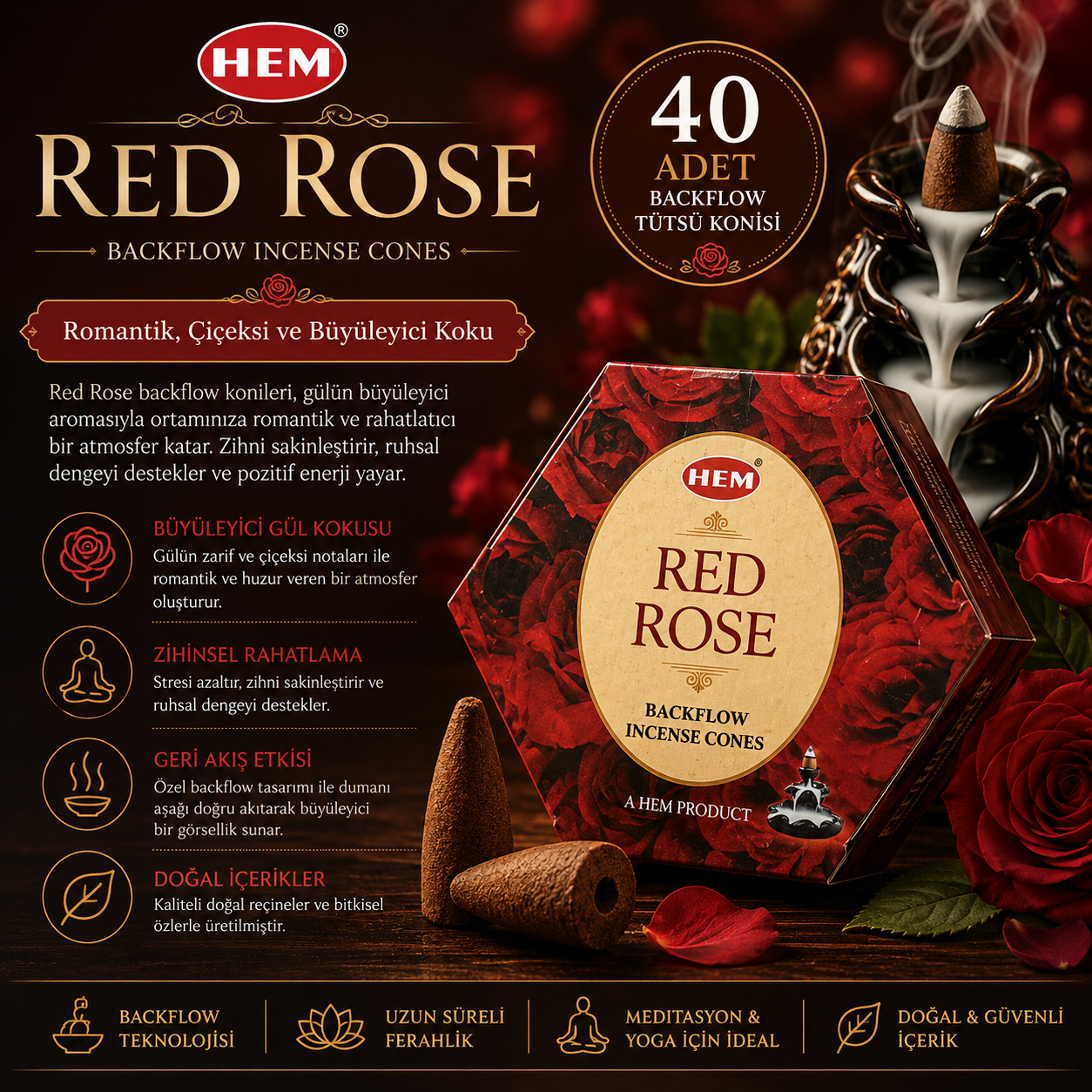 HEM Red Rose 40 Adet Geri Akış Tütsü Konisi Gül Kokulu Backflow Tütsü Meditasyon Aroması