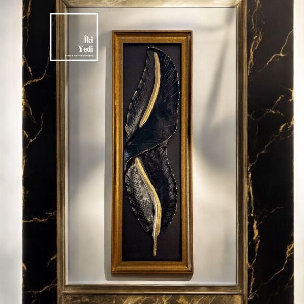 Sofia 77-1 Yaprak Figürlü Siyah Gold Çerçeveli Rölyef Tablo Lüks Duvar Dekorasyonu 3 Boyutlu Kabartmalı Hediyelik Ofis Ev Hediyesi