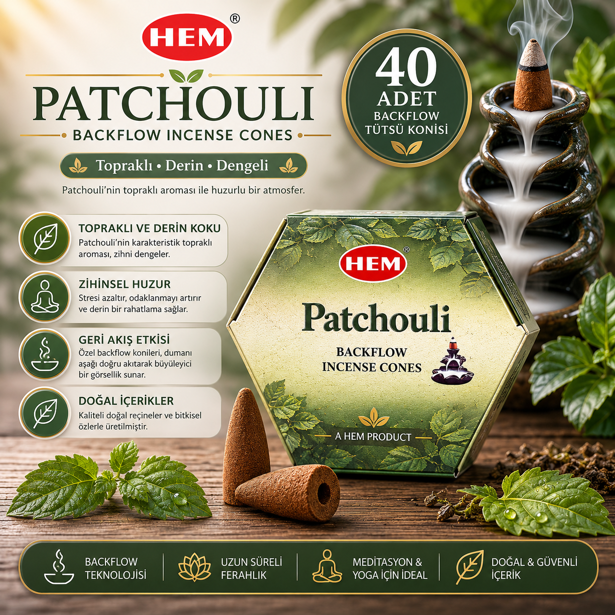 HEM Patchouli 40 Adet Geri Akış Tütsü Konisi Toprak Notalı Backflow Tütsü Aromatik Koku Meditasyon