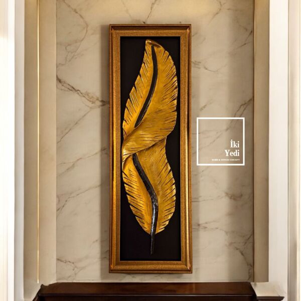 Sofia 77-2 Yaprak Figürlü Siyah Gold Çerçeveli Rölyef Tablo Lüks Duvar Dekorasyonu 3 Boyutlu Kabartmalı Hediyelik Ofis Ev Hediyesi