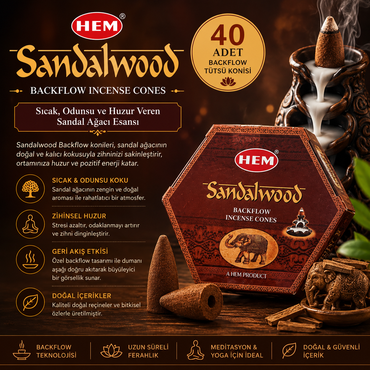 HEM Sandalwood 40 Adet Geri Akış Tütsü Konisi Sandal Ağacı Kokulu Backflow Aromatik Koku Meditasyon