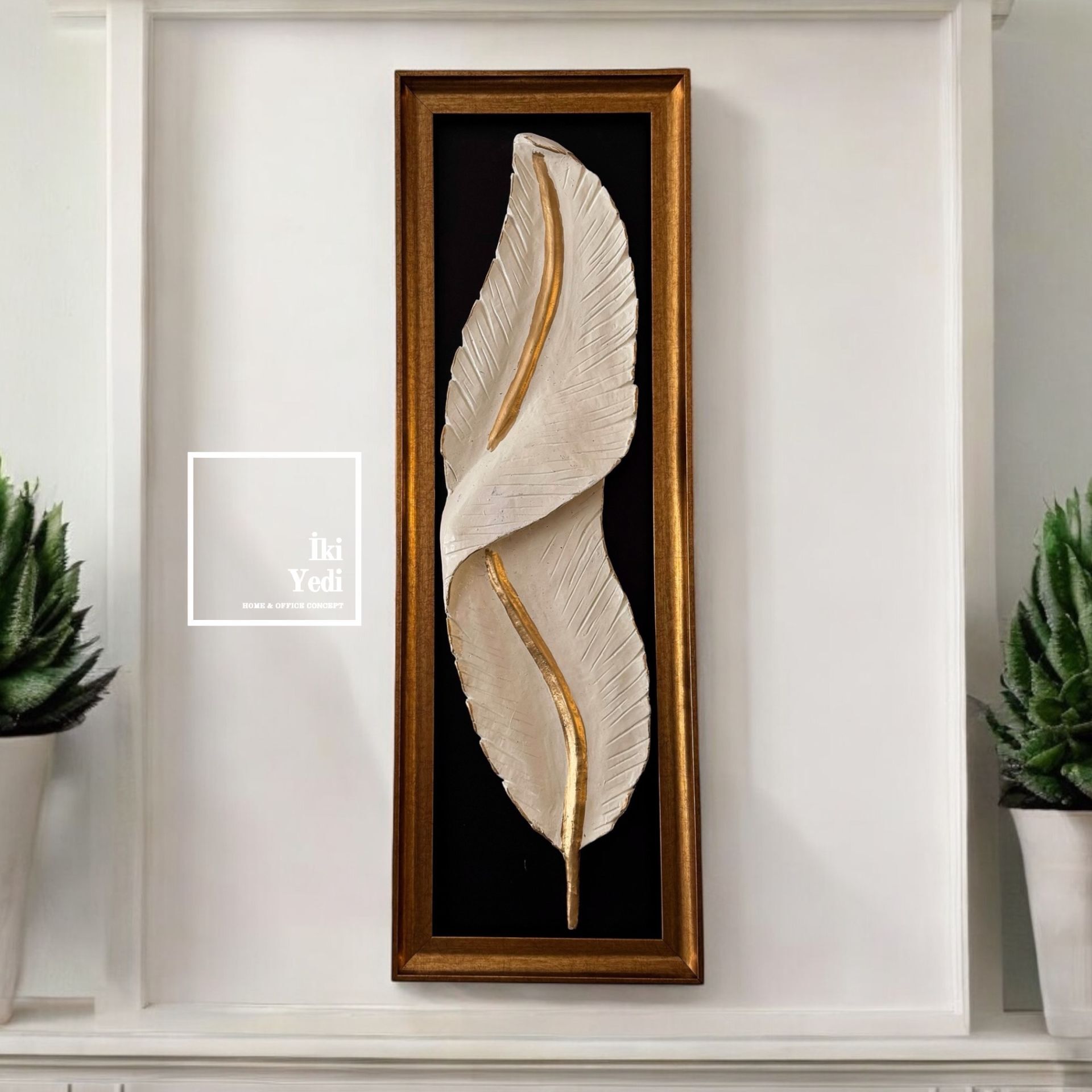 Sofia 77-3 Yaprak Figürlü Siyah Beyaz Gold Çerçeveli Rölyef Tablo Lüks Duvar Dekorasyonu 3 Boyutlu Kabartmalı Hediyelik Ofis Ev Hediyesi