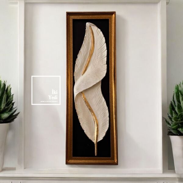 Sofia 77-3 Yaprak Figürlü Siyah Beyaz Gold Çerçeveli Rölyef Tablo Lüks Duvar Dekorasyonu 3 Boyutlu Kabartmalı Hediyelik Ofis Ev Hediyesi