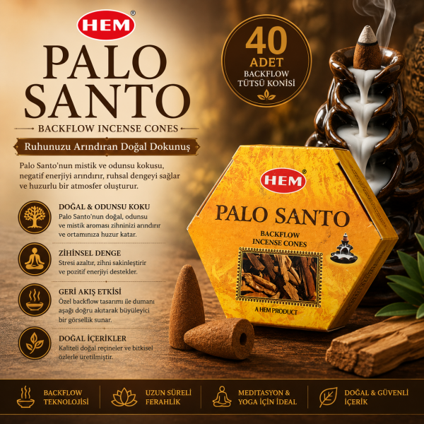 HEM Palo Santo 40 Adet Geri Akış Tütsü Konisi Odunsu Aromalı Backflow Aromatik Koku Meditasyon