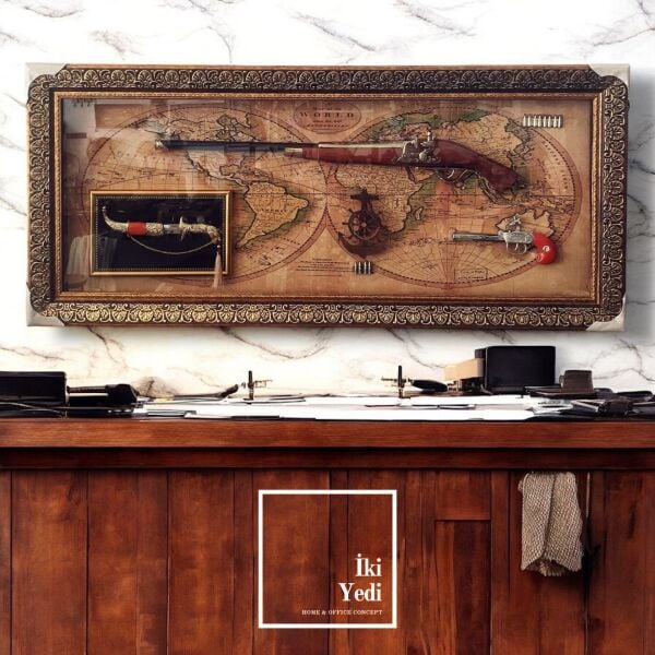 Pedro-L 77-1 Antik Silah Tablo Dünya Haritası Lüks Duvar Dekorasyonu Antika Hediyelik Eşyalar Ofis Hediyesi VIP