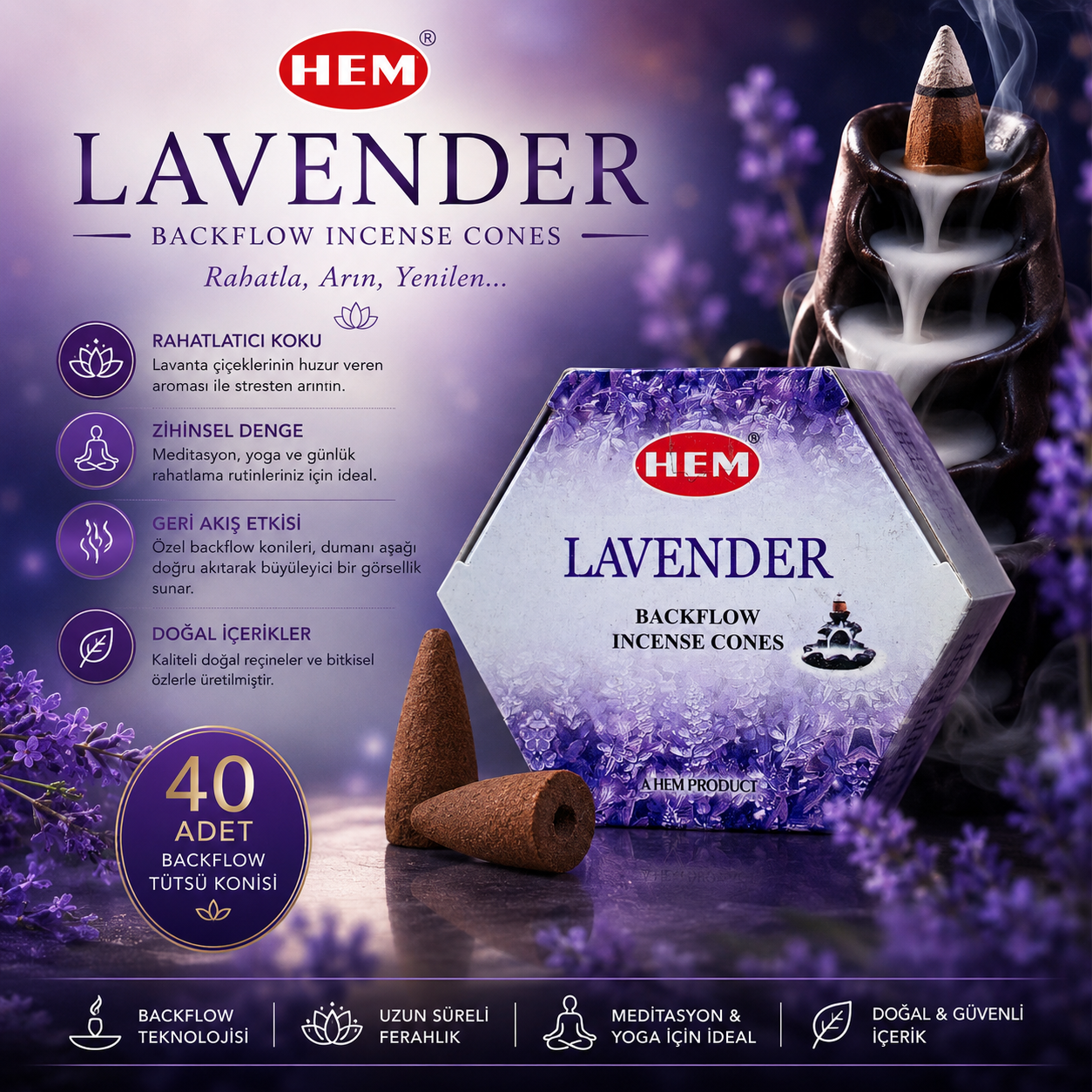 HEM Lavender 40 Adet Geri Akış Tütsü Konisi Lavanta Kokulu Backflow Tütsü Aromatik Koku Meditasyon