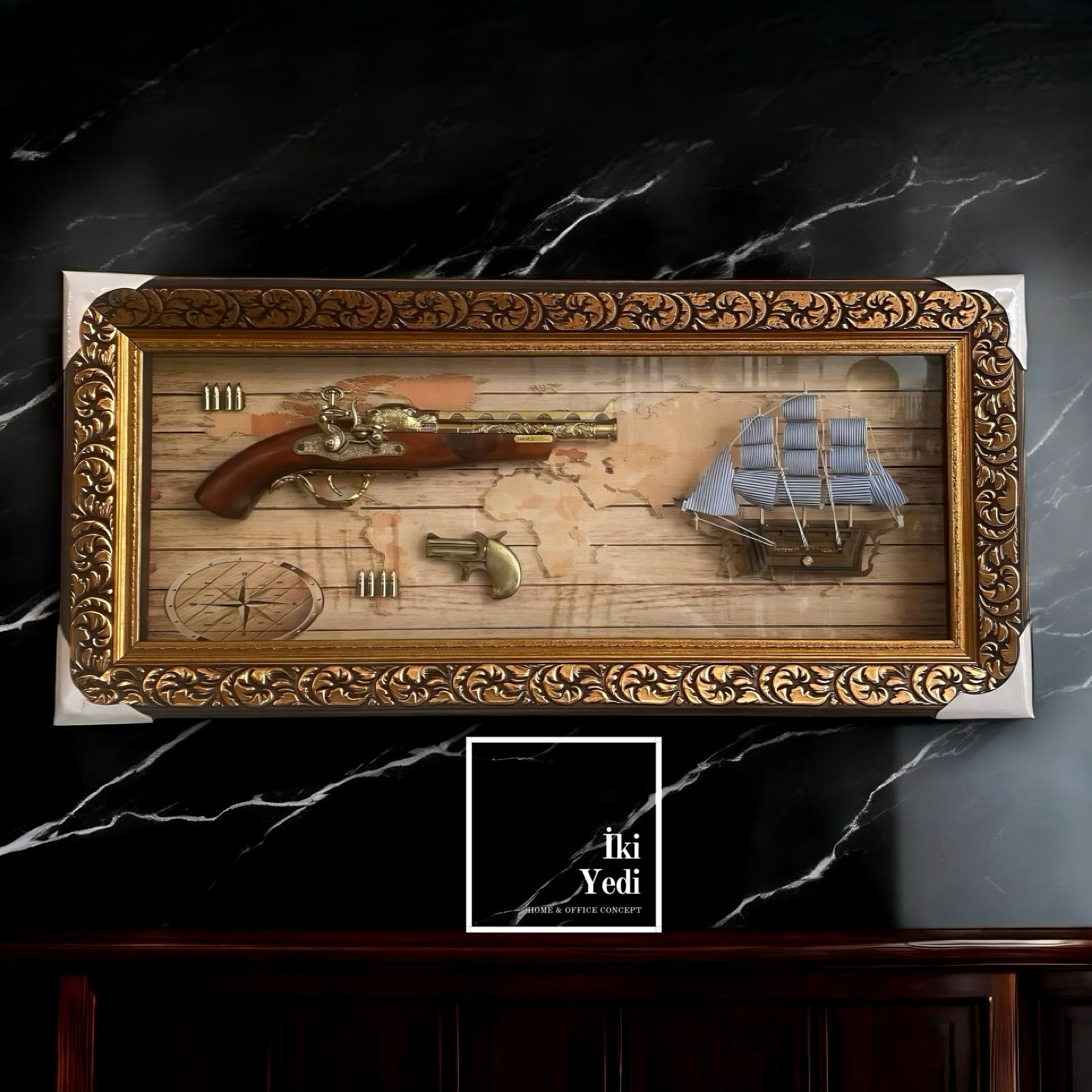 Pedro-M 77-1 Antik Silah Tablo Dünya Haritası Lüks Duvar Dekorasyonu Antika Hediyelik Eşyalar Ofis Hediyesi VIP
