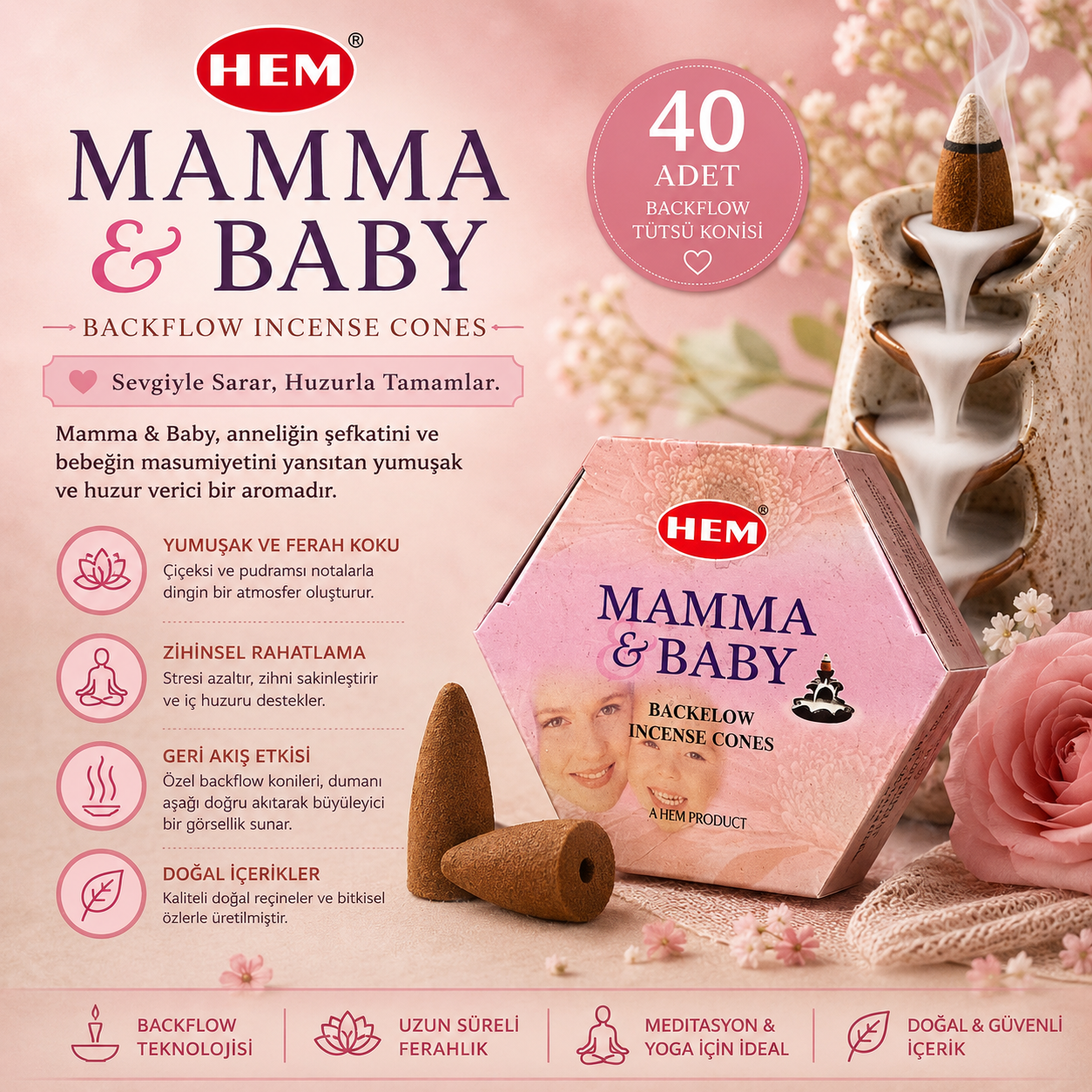 HEM Mamma & Baby 40 Adet Geri Akış Tütsü Konisi Yumuşak Çiçeksi Aroma Aromatik Koku Meditasyon