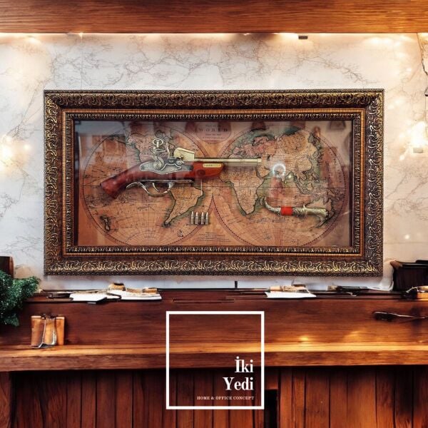 Pedro-S 77-1 Antik Silah Tablo Dünya Haritası Lüks Duvar Dekorasyonu Antika Hediyelik Eşyalar Ofis Hediyesi VIP