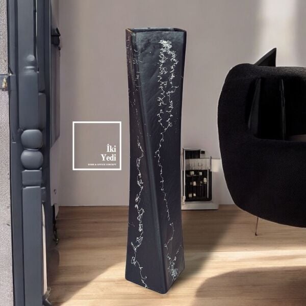 Eva 77-1 Burgu Tasarım 63 cm Cam Vazo, Siyah Mermer Desenli Dekoratif Obje, Ev Ofis Hediyesi