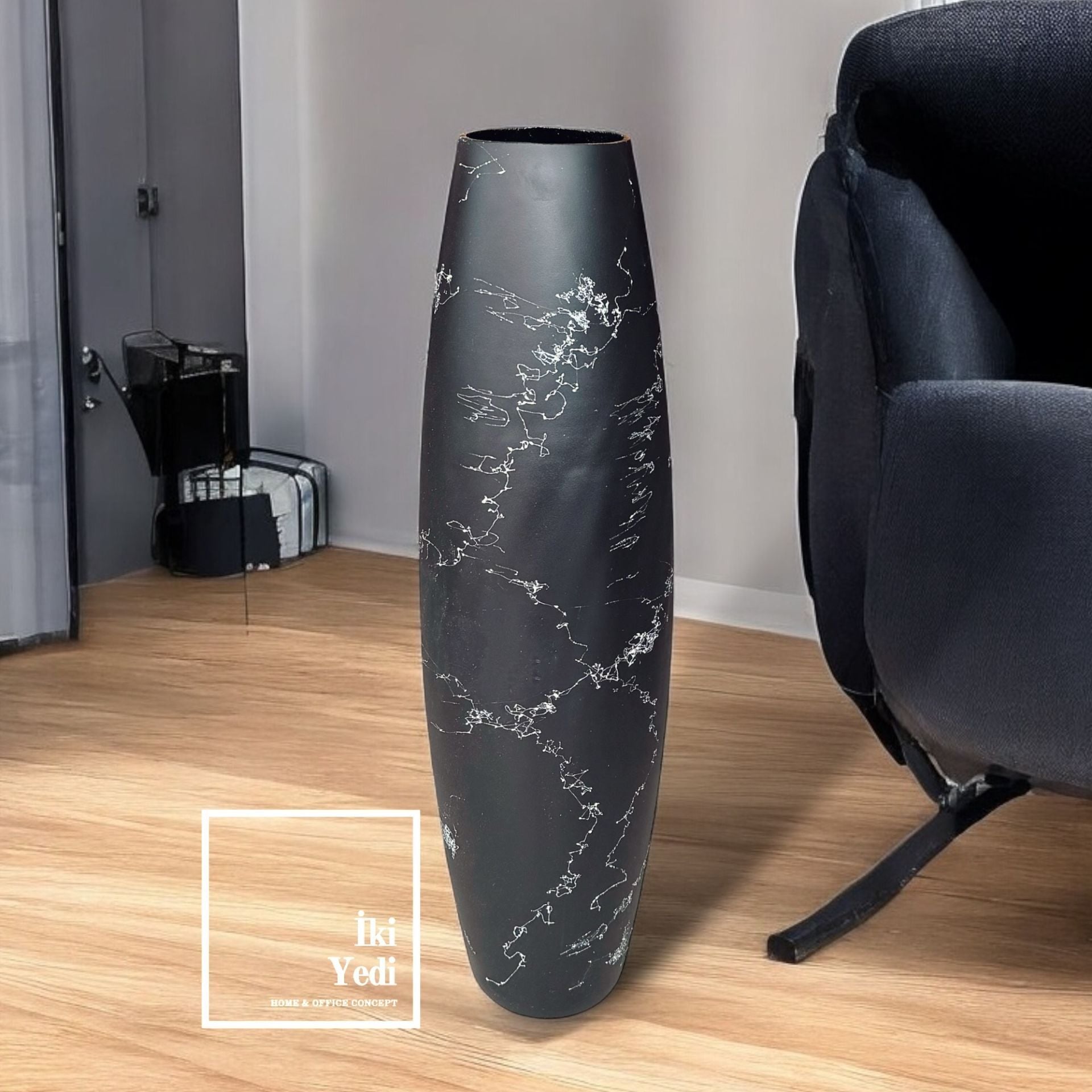 Eva 77-2 Siyah Mermer Desenli Cam Vazo, 59 cm Silindir Tasarım, Dekoratif Ev Ofis Hediyelik Obje