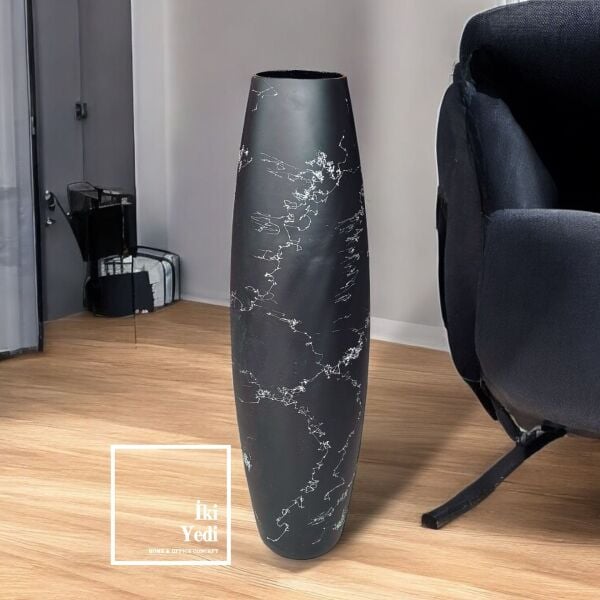 Eva 77-2 Siyah Mermer Desenli Cam Vazo, 59 cm Silindir Tasarım, Dekoratif Ev Ofis Hediyelik Obje