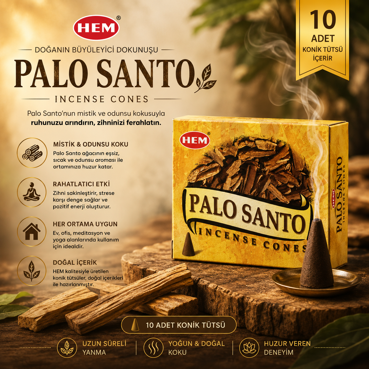 HEM Palo Santo 10 Adet Konik Tütsü Palo Santo Kokulu Meditasyon Yoga Ev Ofis Aroması Koku