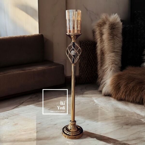 Ellis 77-1 90 cm Metal Gold Ayaklı Şamdan, Bal Köpüğü Renk Lüks Mumluk, Ev Ofis Dekoratif Obje