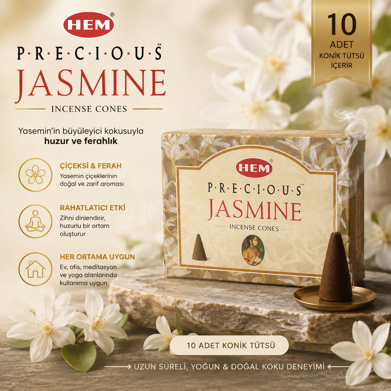 HEM Precious Jasmine 10 Adet Konik Tütsü Yasemin Kokulu Çiçeksi Aroma Ev Ofis Koku