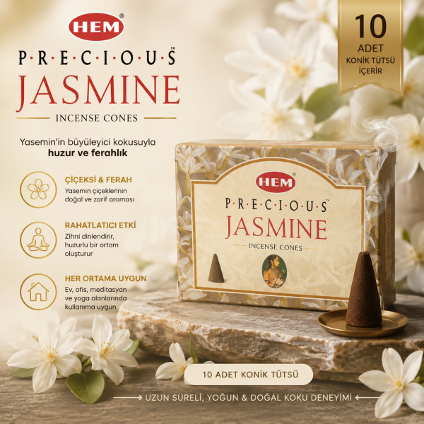 HEM Precious Jasmine 10 Adet Konik Tütsü Yasemin Kokulu Çiçeksi Aroma Ev Ofis Koku