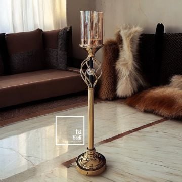 Ellis 77-2 80 cm Metal Gold Ayaklı Şamdan, Bal Köpüğü Renk Mumluk, Lüks Ev Ofis Dekoratif Obje