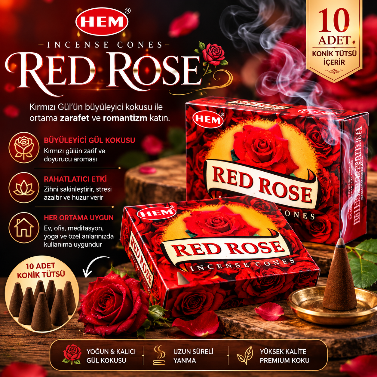 HEM Red Rose 10 Adet Konik Tütsü Kırmızı Gül Kokulu Romantik Çiçeksi Aroma Koku
