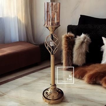 Ellis 77-3 70 cm Metal Gold Ayaklı Şamdan, Bal Köpüğü Renk Mumluk, Lüks Ev Ofis Dekorasyonu