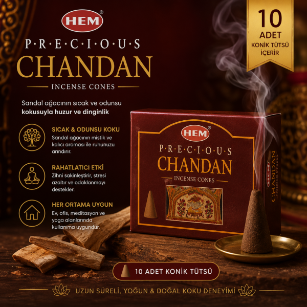 HEM Precious Chandan 10 Adet Konik Tütsü Sandal Ağacı Kokulu Konik Tütsü Aroma Koku