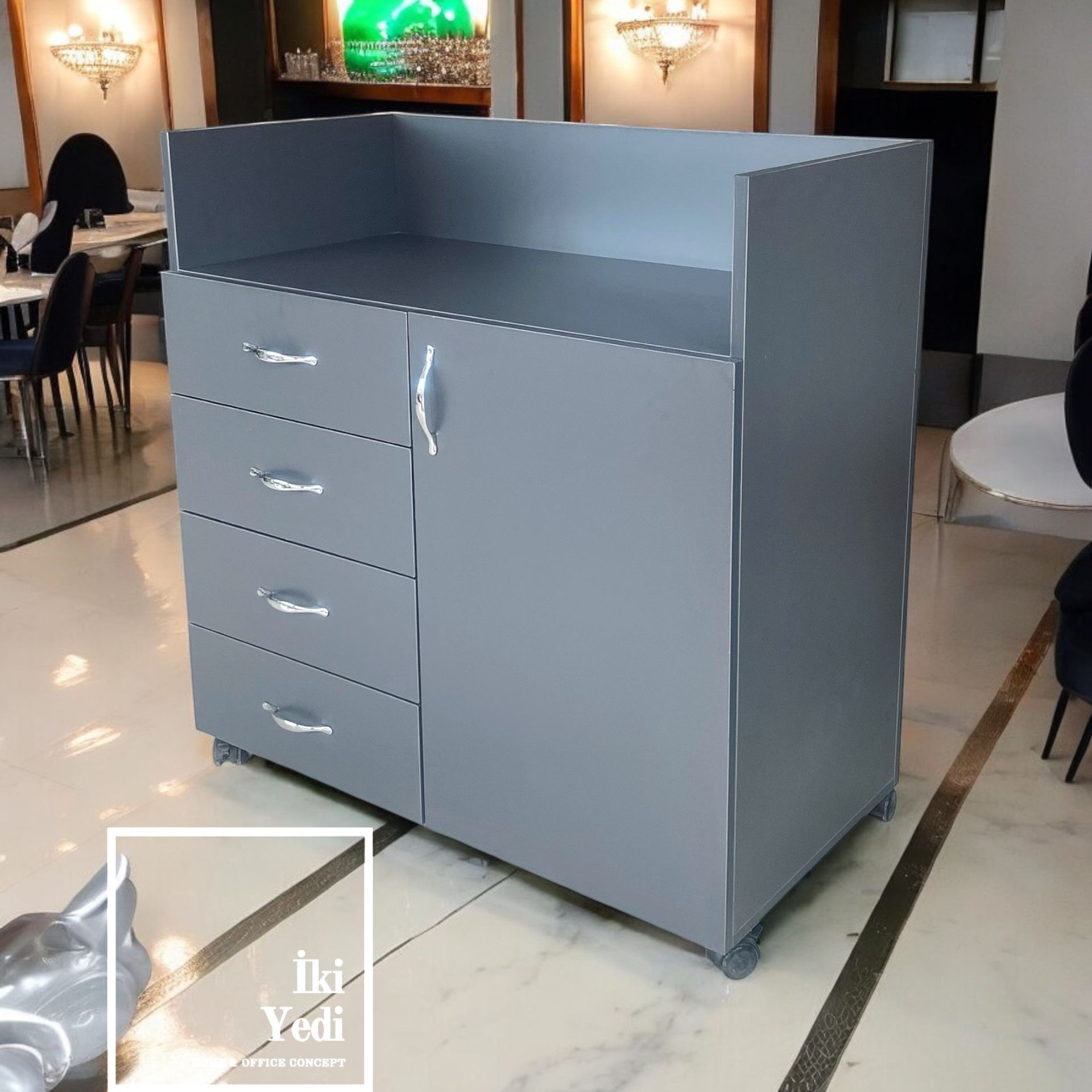 Compagnon Antrasit Gri Servant Dolabı Cafe Restoran Mobilyaları Dolap Adisyon Fiş Toplama Kasa Bankosu Frenli Tekerlekli