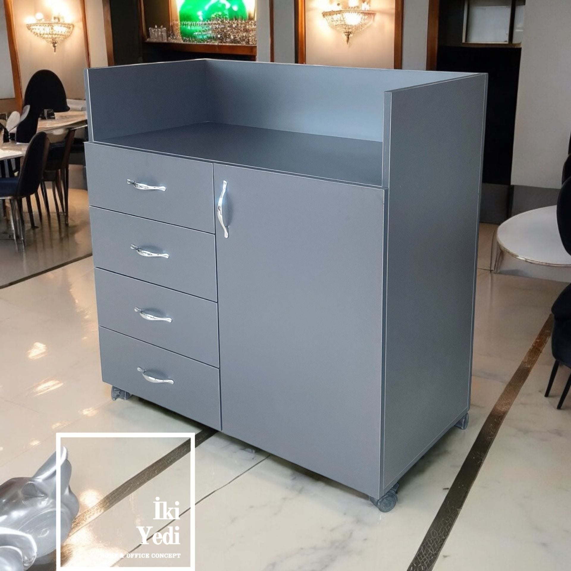 Compagnon Antrasit Gri Servant Dolabı Cafe Restoran Mobilyaları Dolap Adisyon Fiş Toplama Kasa Bankosu Frenli Tekerlekli