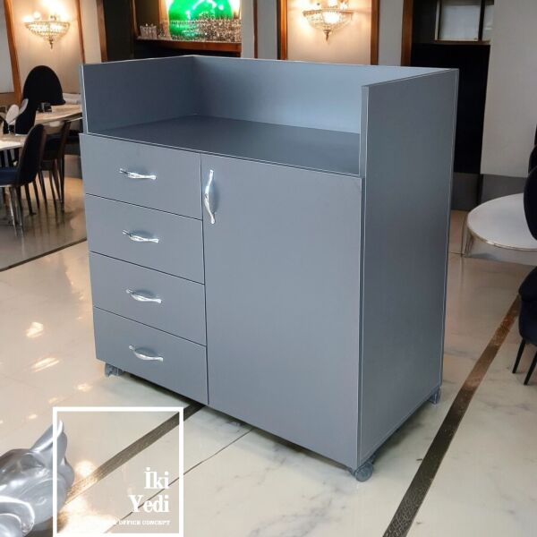 Compagnon Antrasit Gri Servant Dolabı Cafe Restoran Mobilyaları Dolap Adisyon Fiş Toplama Kasa Bankosu Frenli Tekerlekli