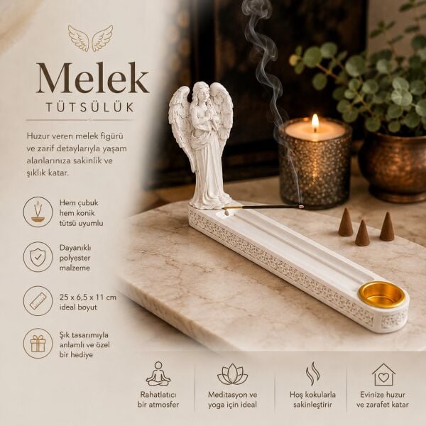 Dekoratif Melek Tütsülük Çubuk ve Konik Tütsü Tutucu Meditasyon & Yoga Ev Hediyesi (25x6.5 cm)