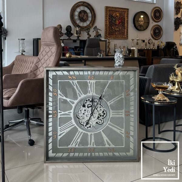 Karvitz 80 cm Ayaklı Çarklı Saat, Döner Mekanik Metal Saat, Lüks Ev Ofis Hediyesi Dekoratif Obje