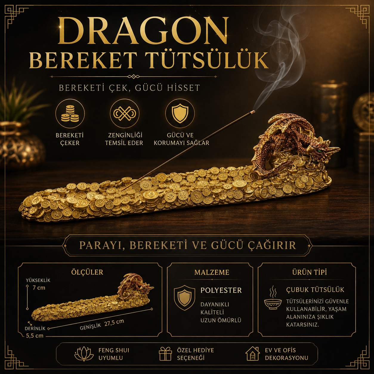 Dragon Bereket Tütsülük Ejderha Figürlü Çubuk Tütsü Parası Bolluk Para Bereket Enerjili Aksesuar